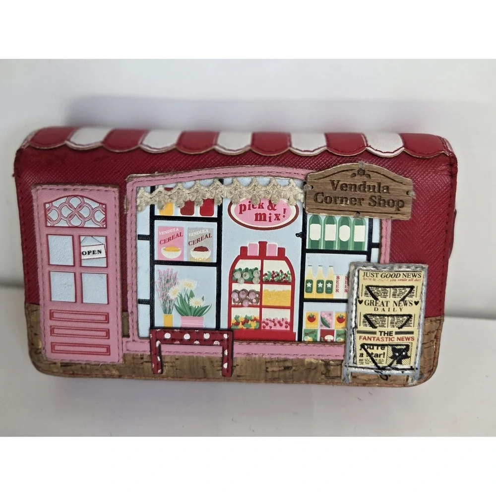 Vendula London CORNER SHOP Zip Around Wallet RED Pink Preowned RARE